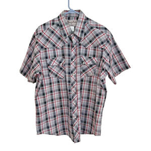 Vintage Rustler Wrangler Mens XL Red Plaid Pearl Snap Shirt Southwestern Cowboy
